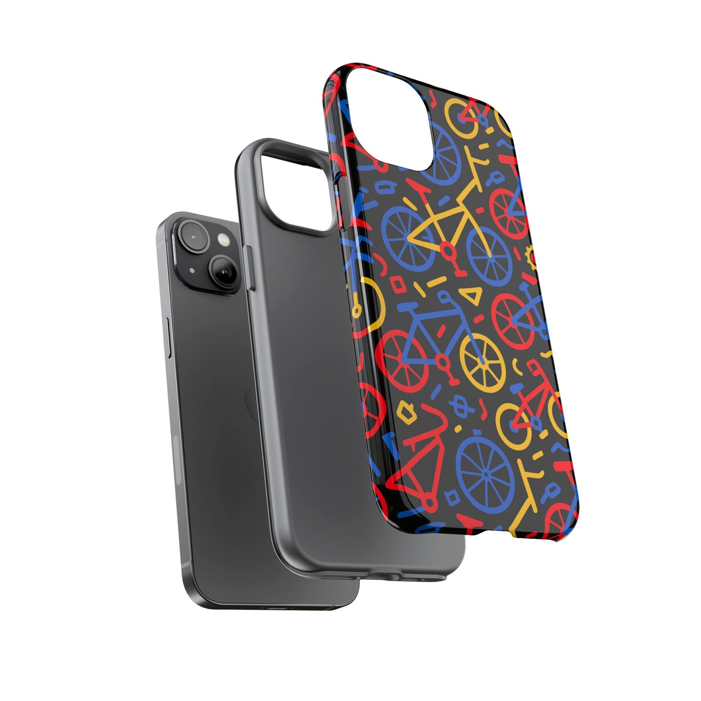 multicolour 3d bicycle phone case with retro design for stylish protection compatible with iphone 13, 14, 15 & 16 – all models including pro, pro max & plus
