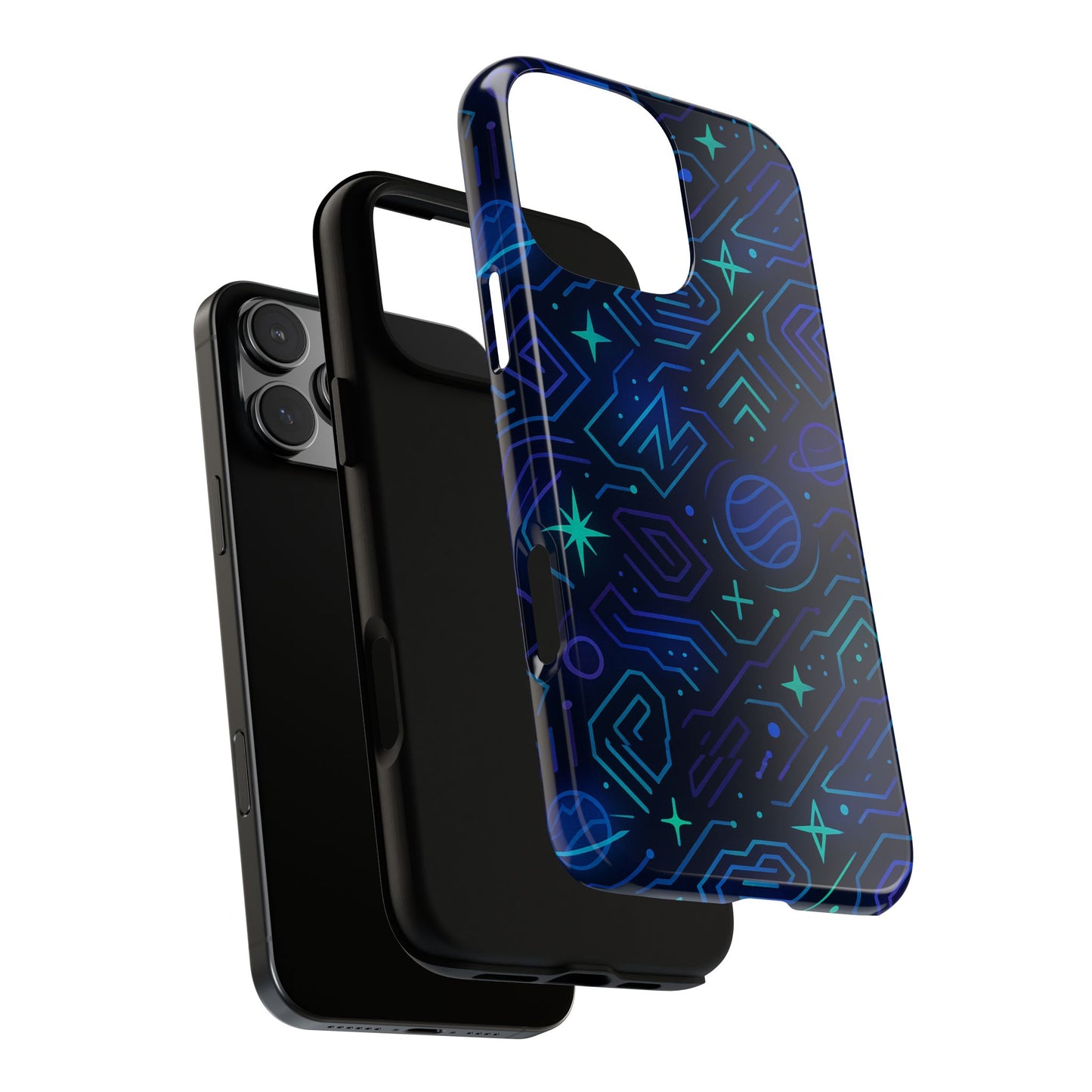 vibrant space design protective phone case in blue and green 3d wrap for stylish protection compatible with iphone 13, 14, 15 & 16 – all models including pro, pro max & plus