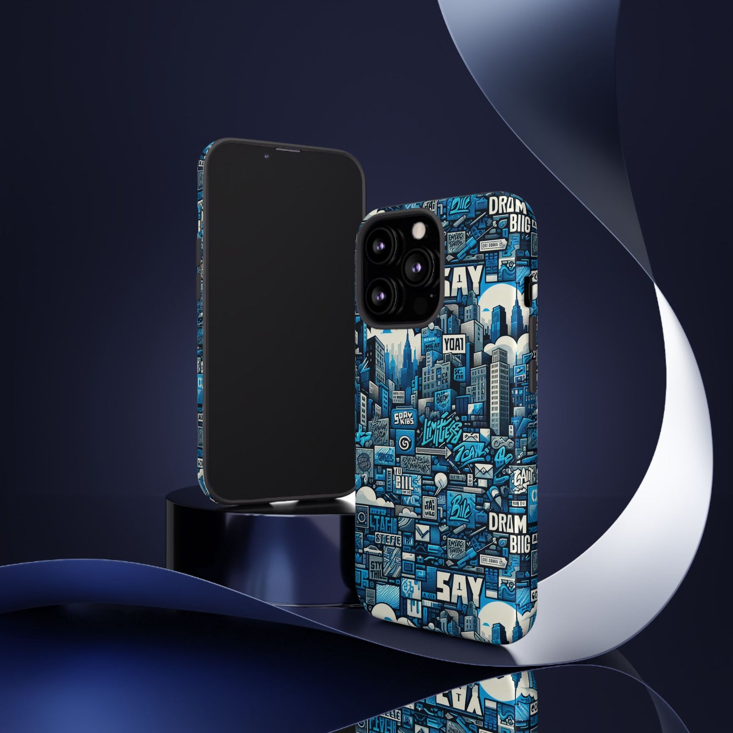 protective phone case with 3d urban design in blue for stylish protection – trendy accessory compatible with iphone 13, 14, 15 & 16 – all models including pro, pro max & plus
