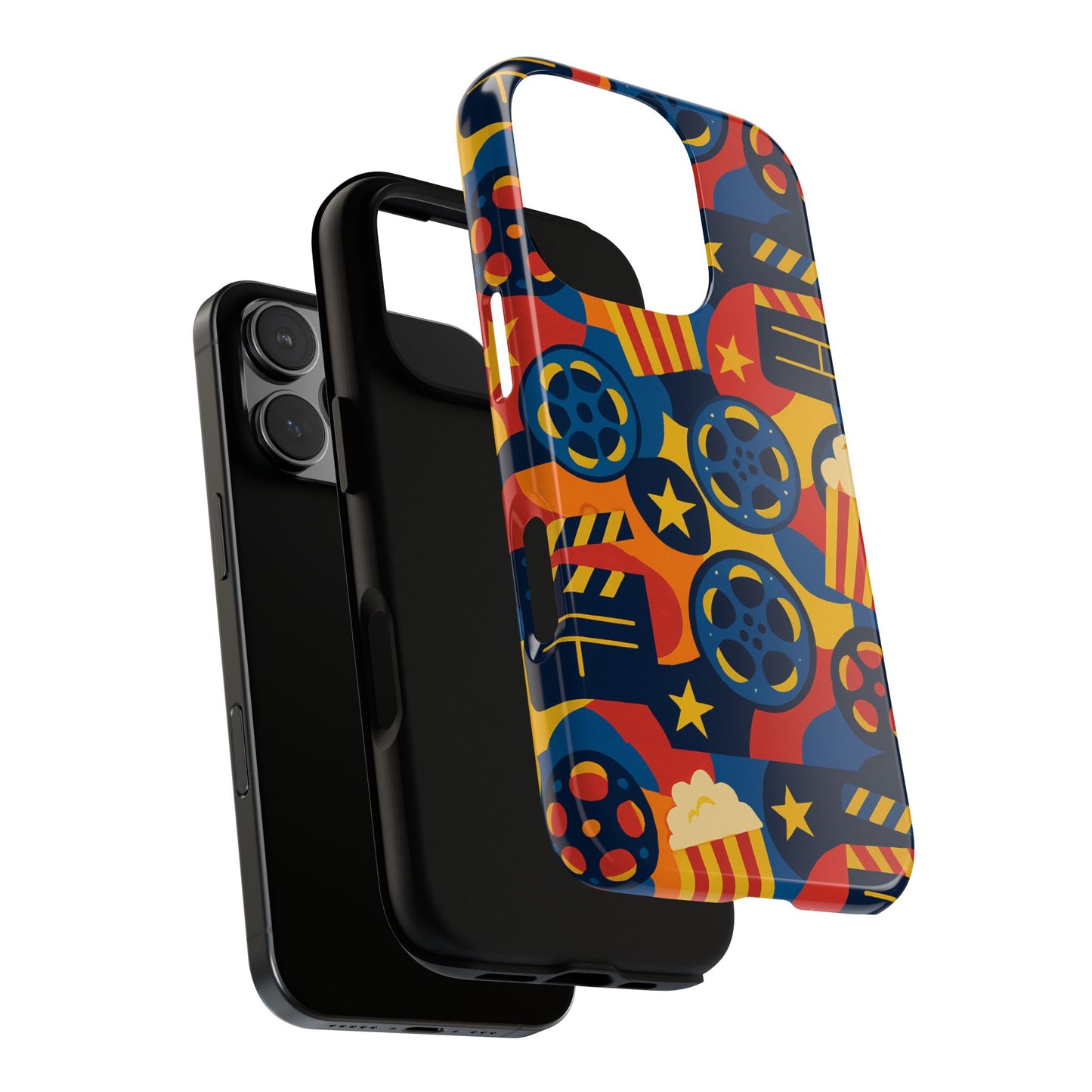 vibrant movie-themed protective phone case with colourful film reel and popcorn design for stylish protection compatible with iphone 13, 14, 15 & 16 – all models including pro, pro max & plus