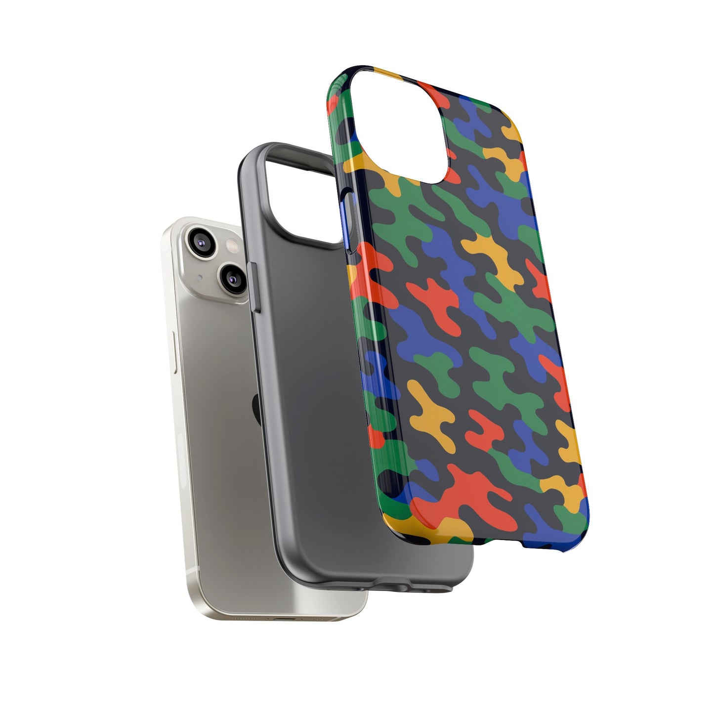 multicolour camouflage protective phone case with 3d wrap design for stylish smartphone protection compatible with iphone 13, 14, 15 & 16 – all models including pro, pro max & plus