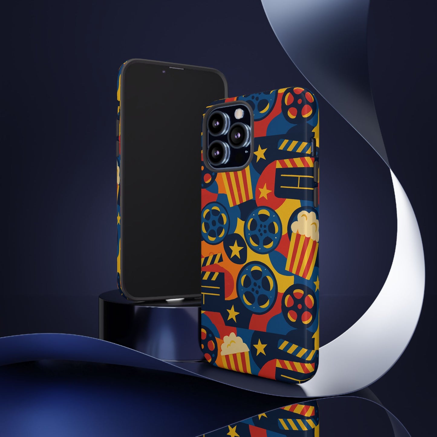 vibrant movie-themed protective phone case with colourful film reel and popcorn design for stylish protection compatible with iphone 13, 14, 15 & 16 – all models including pro, pro max & plus