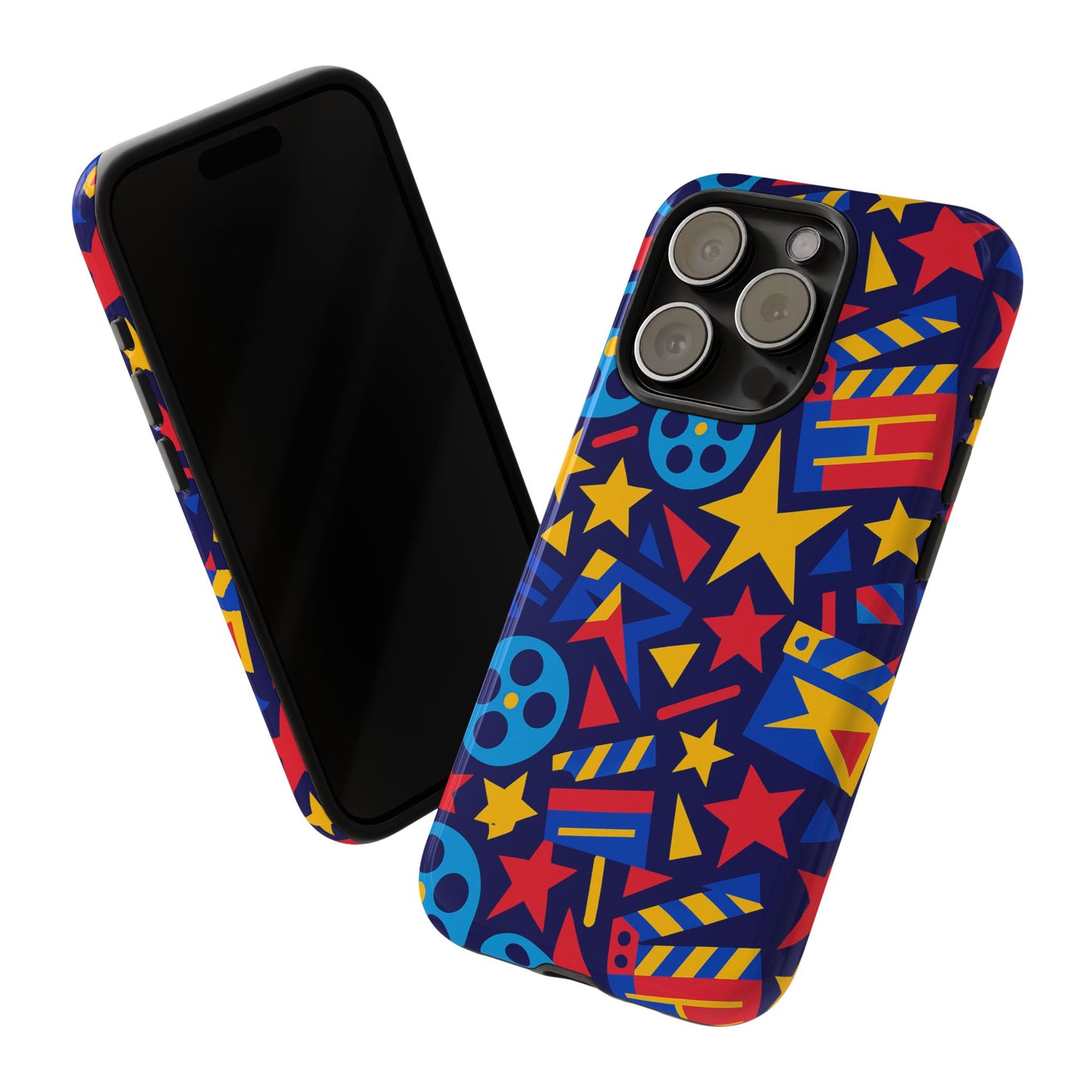 vibrant movie theme protective phone case with 3d wrap design – colourful stars and film reels – stylish protection compatible with iphone 13, 14, 15 & 16 – all models including pro, pro max & plus