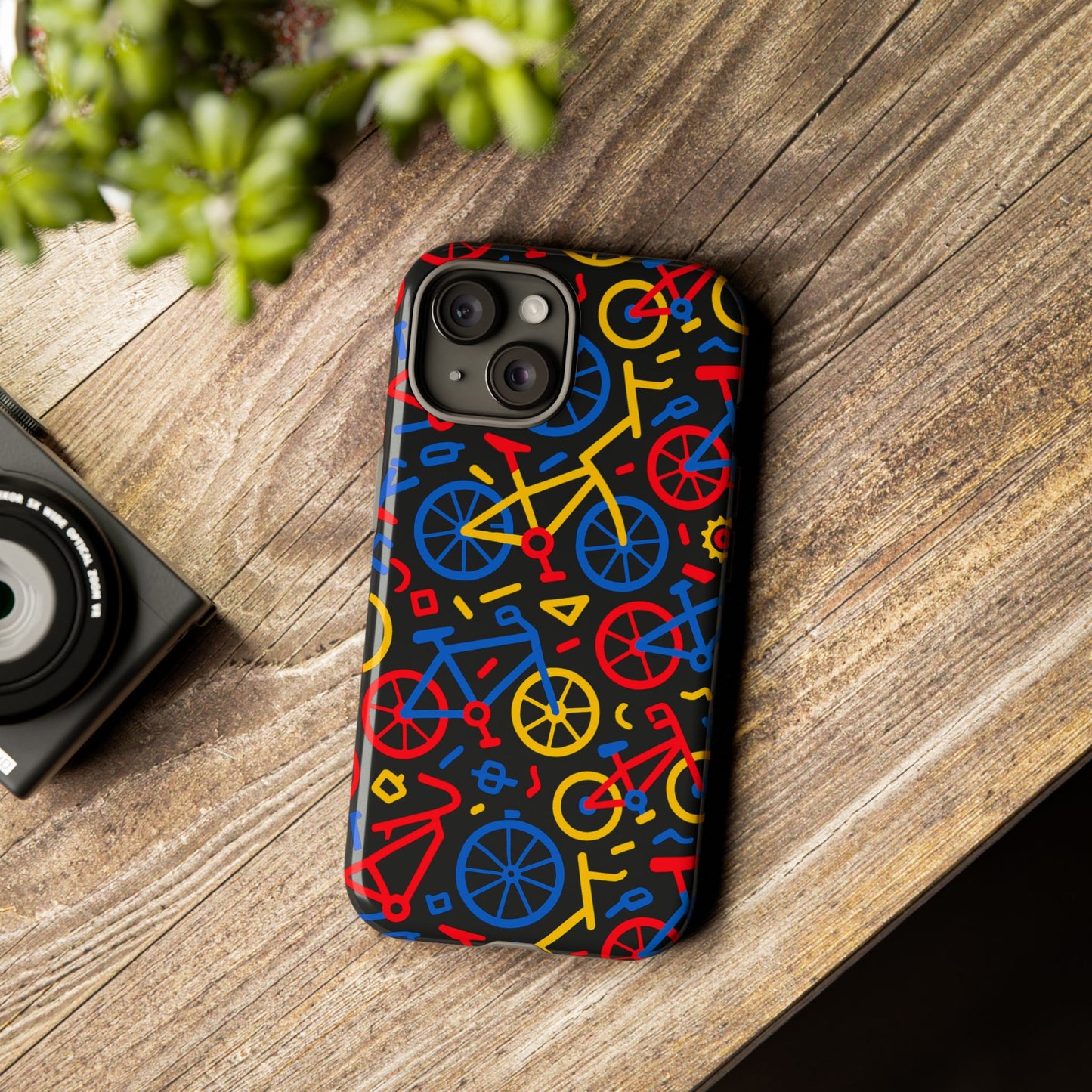 multicolour 3d bicycle phone case with retro design for stylish protection compatible with iphone 13, 14, 15 & 16 – all models including pro, pro max & plus