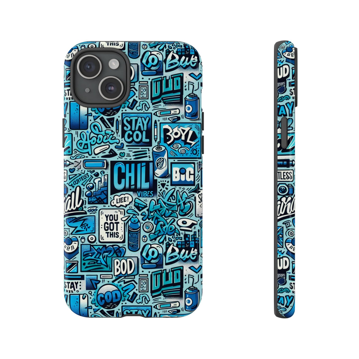 vibrant retro graffiti phone case in blue for men and women stylish protection accessory compatible with iphone 13, 14, 15 & 16 – all models including pro, pro max & plus