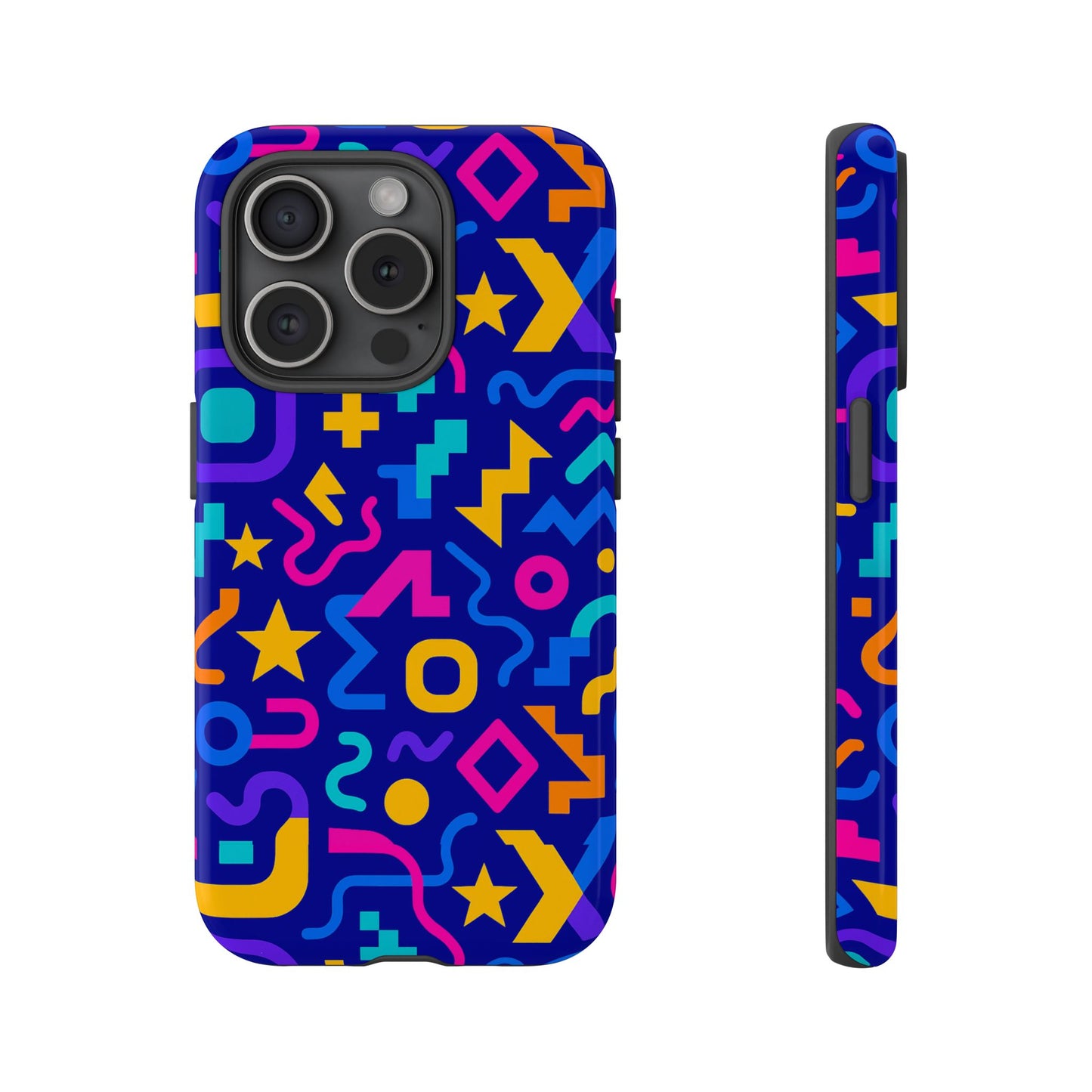 vibrant geometric protective phone case with 3d wrap design – playful accessory for self-expression compatible with iphone 13, 14, 15 & 16 – all models including pro, pro max & plus
