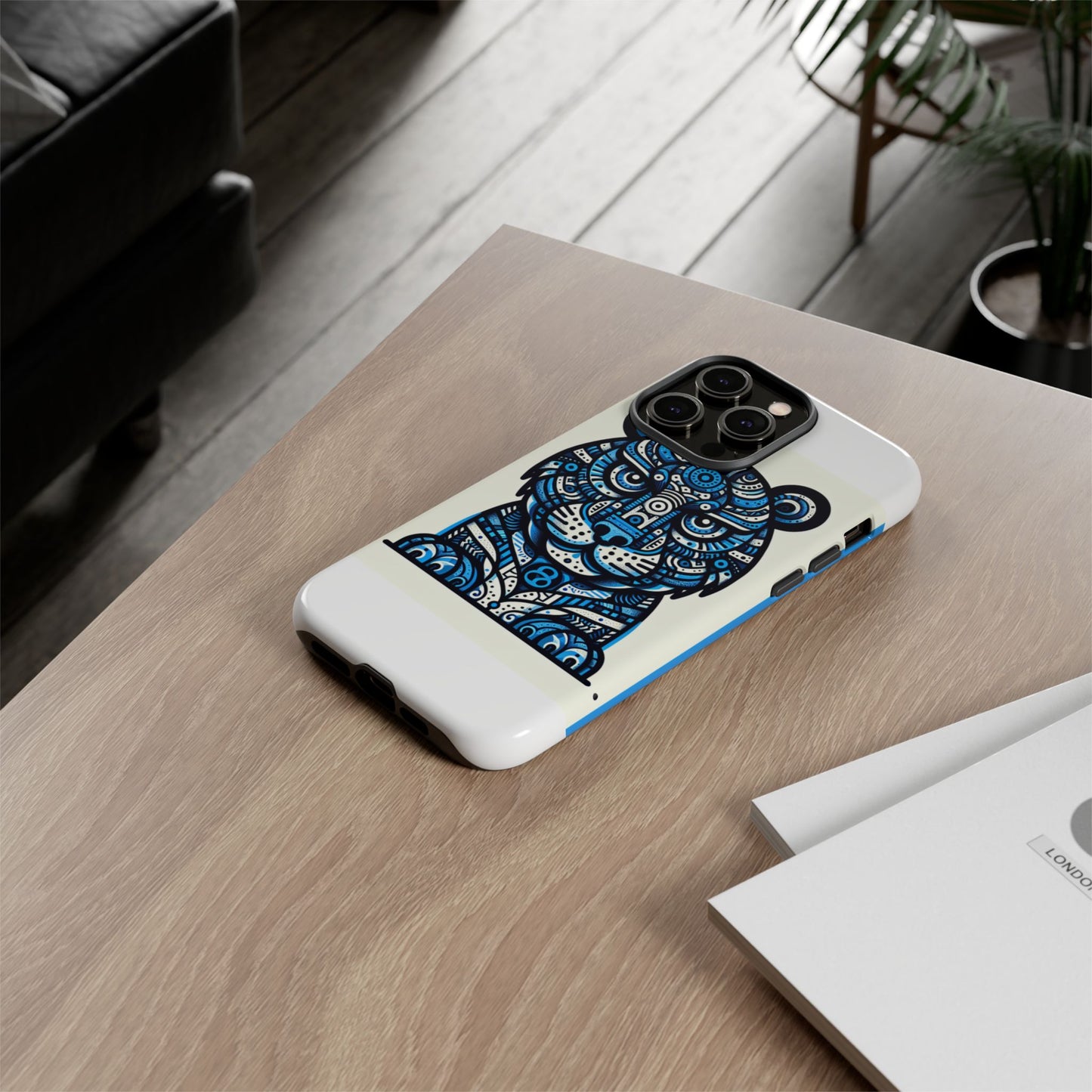 vibrant blue geometric tiger design phone case – stylish protection accessory for self-expression compatible with iphone 13, 14, 15 & 16 – all models including pro, pro max & plus
