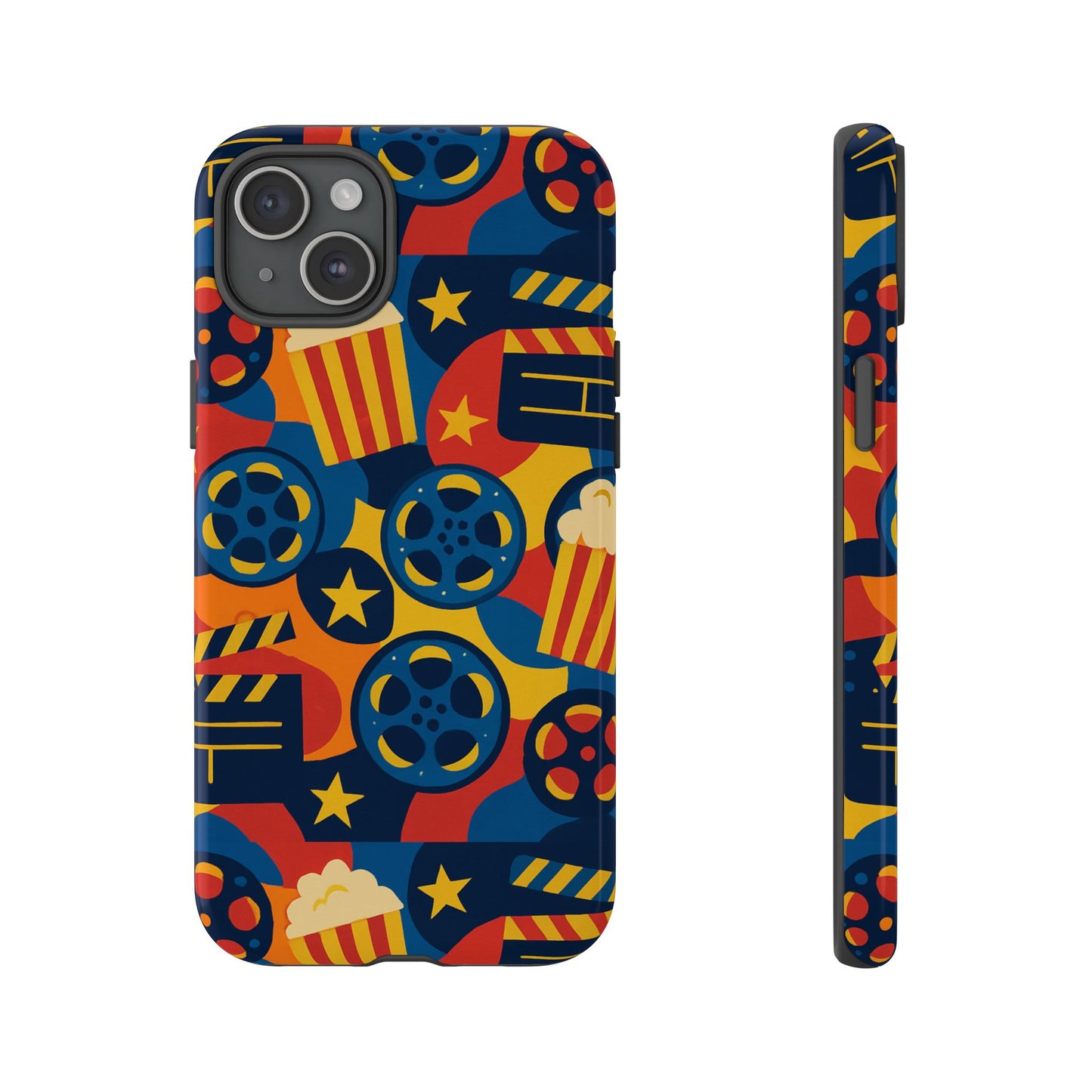 vibrant movie-themed protective phone case with colourful film reel and popcorn design for stylish protection compatible with iphone 13, 14, 15 & 16 – all models including pro, pro max & plus