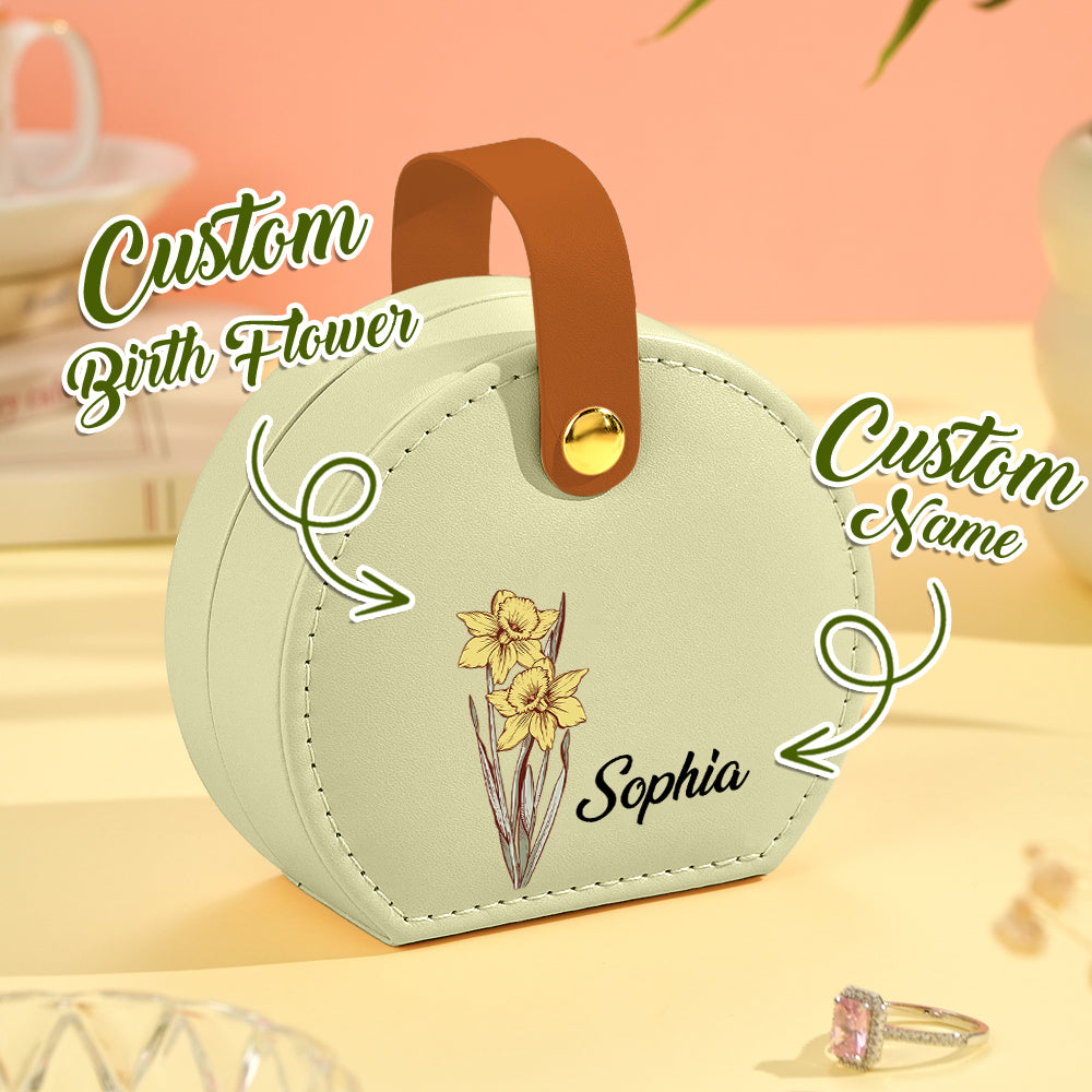 personalized birth flower jewelry box with name pu leather gift for her, unique birthday present for women