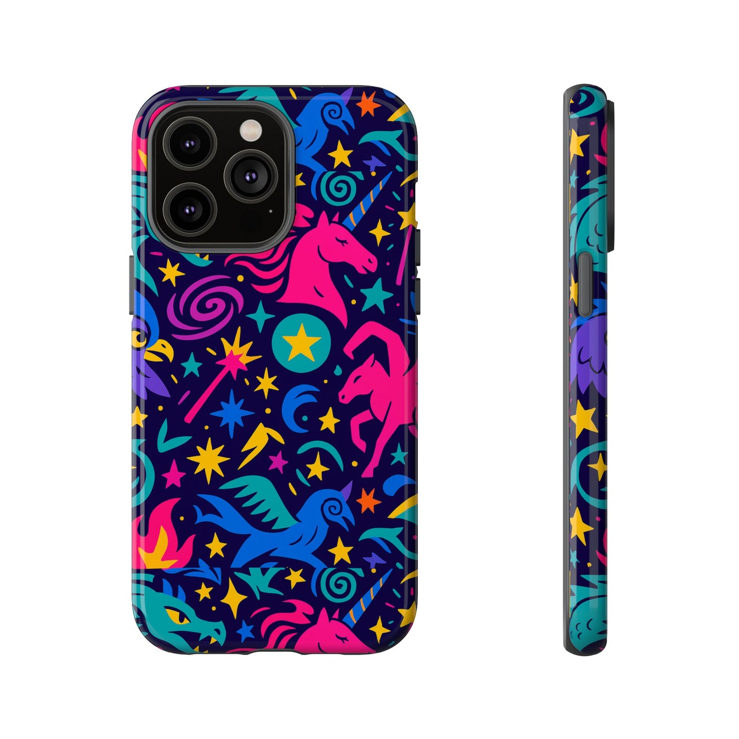 vibrant fantasy unicorns protective phone case – colourful 3d design for stylish protection – compatible with iphone 13, 14, 15 & 16 – all models including pro, pro max & plus