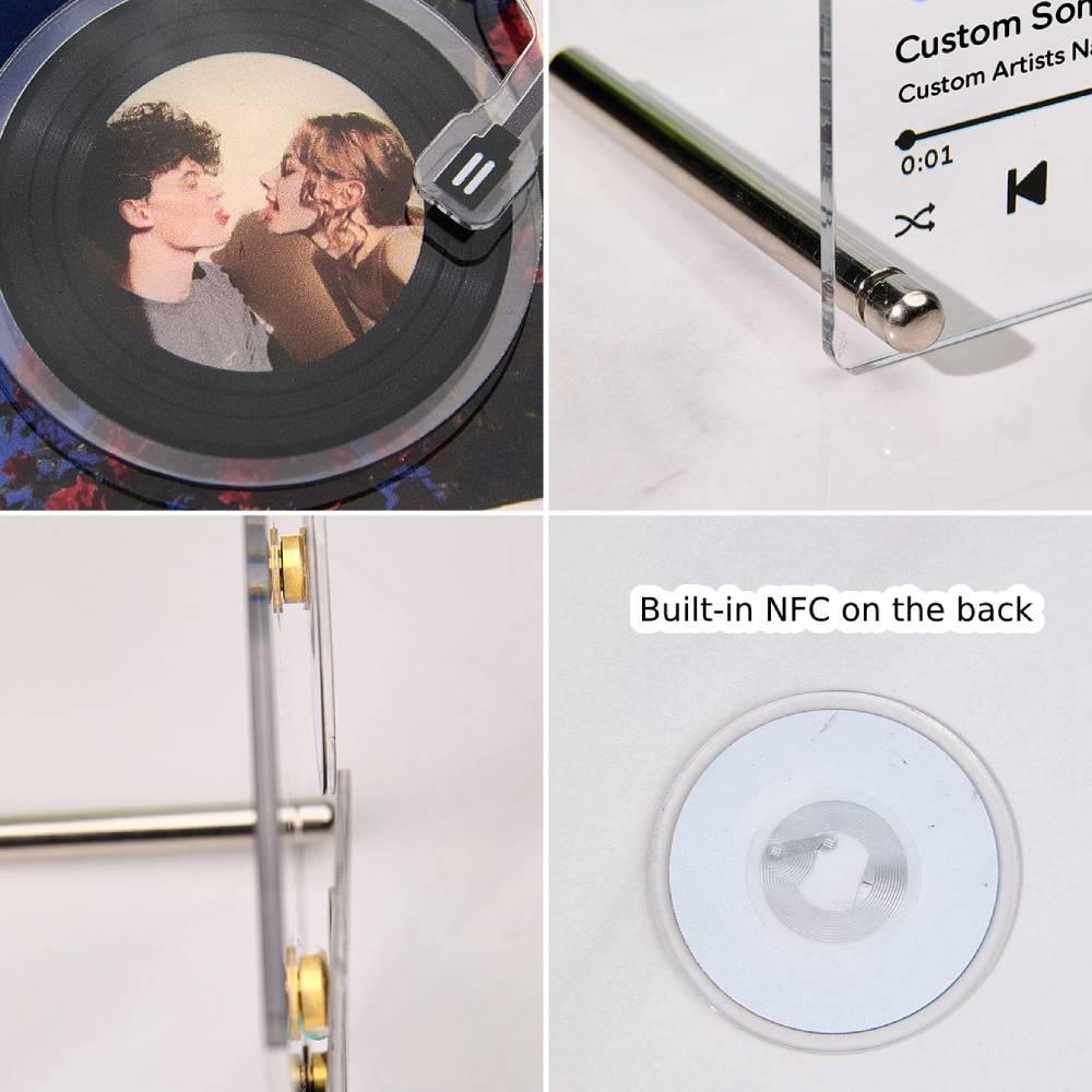 personalized rotatable photo vinyl record nfc music plaque gift for lover, unique acrylic record display with tap to play feature