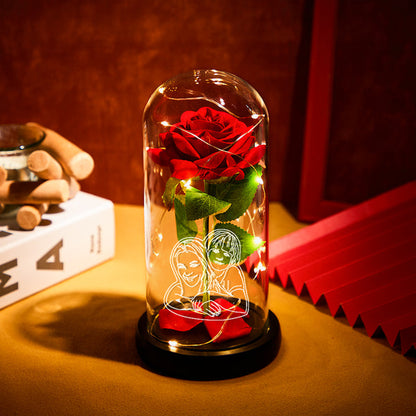 Custom Photo Line Drawing LED Night Light Romantic Eternal Red Rose In Glass Dome - Elegant Home Decor Gift For Valentine's Day, Mother's Day, Birthdays