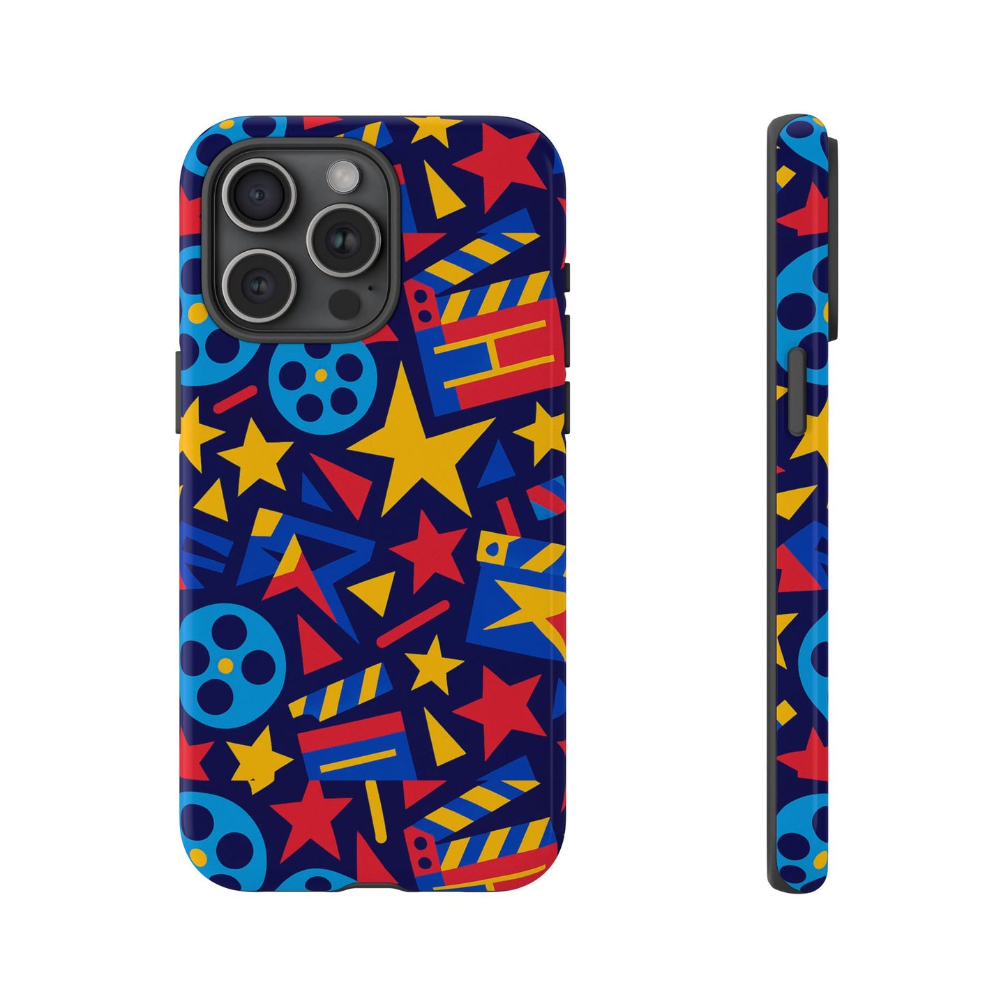 vibrant movie theme protective phone case with 3d wrap design – colourful stars and film reels – stylish protection compatible with iphone 13, 14, 15 & 16 – all models including pro, pro max & plus