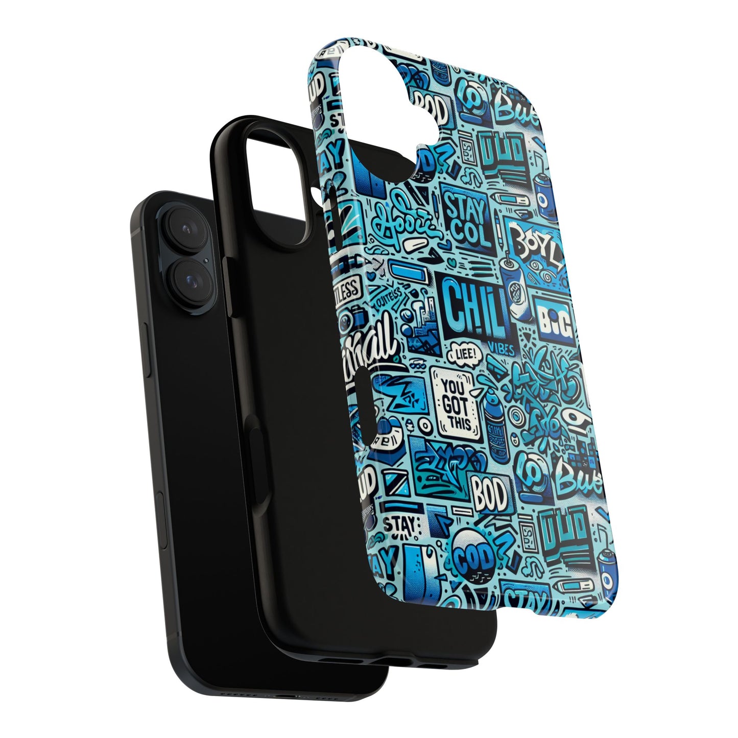 vibrant retro graffiti phone case in blue for men and women stylish protection accessory compatible with iphone 13, 14, 15 & 16 – all models including pro, pro max & plus