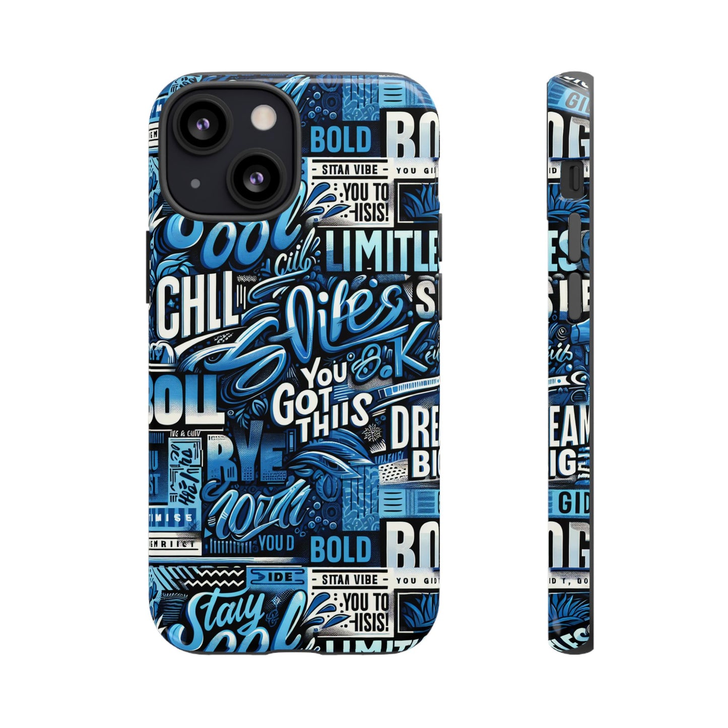 vibrant protective phone case with playful typography design in blue – stylish self-expression accessory compatible with iphone 13, 14, 15 & 16 – all models including pro, pro max & plus