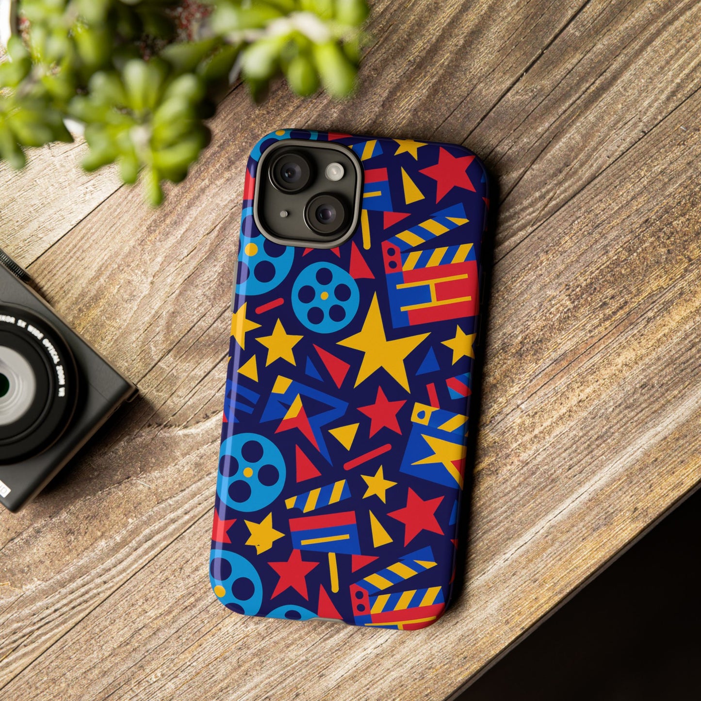 vibrant movie theme protective phone case with 3d wrap design – colourful stars and film reels – stylish protection compatible with iphone 13, 14, 15 & 16 – all models including pro, pro max & plus