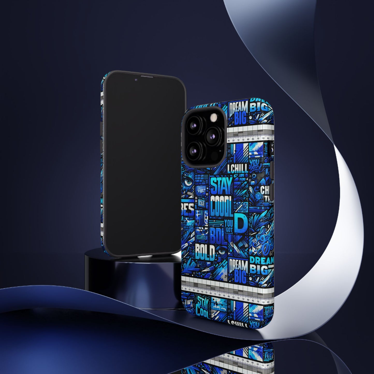 vibrant 3d wrap protective phone case in blue typography design for unique style – stylish protection compatible with iphone 13, 14, 15 & 16 – all models including pro, pro max & plus