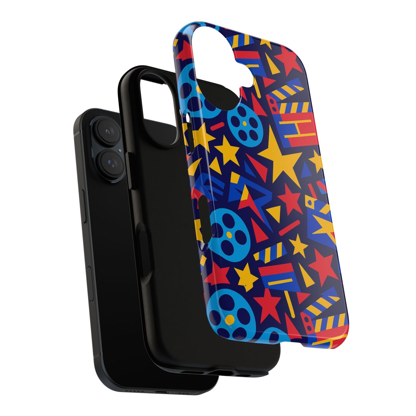vibrant movie theme protective phone case with 3d wrap design – colourful stars and film reels – stylish protection compatible with iphone 13, 14, 15 & 16 – all models including pro, pro max & plus