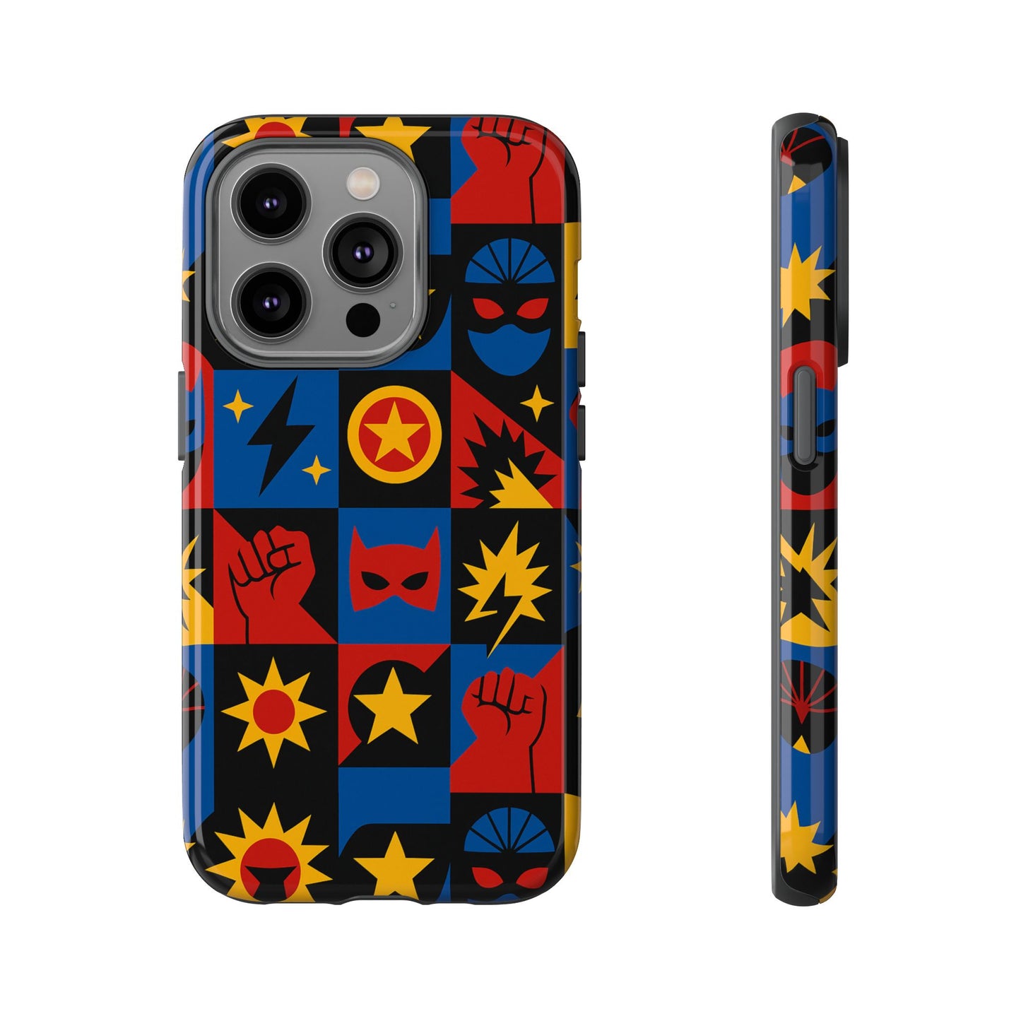 vibrant superhero phone case with retro 3d design for stylish protection compatible with iphone 13, 14, 15 & 16 – all models including pro, pro max & plus