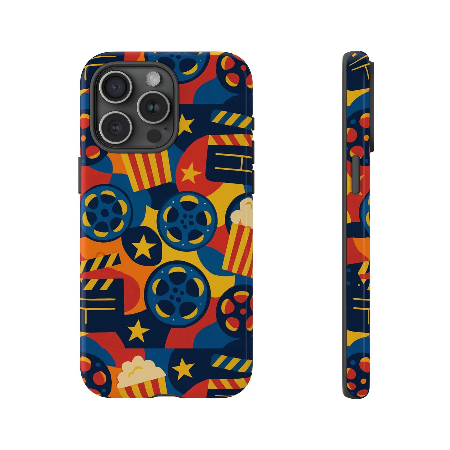 vibrant movie-themed protective phone case with colourful film reel and popcorn design for stylish protection compatible with iphone 13, 14, 15 & 16 – all models including pro, pro max & plus