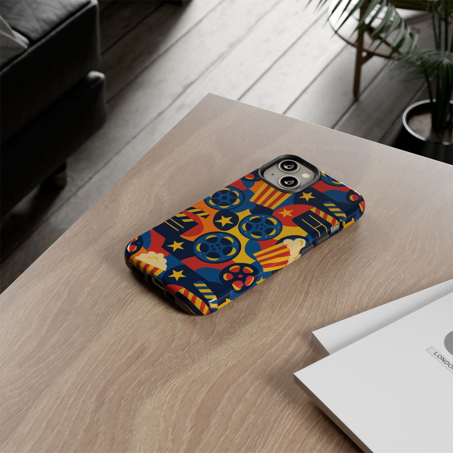 vibrant movie-themed protective phone case with colourful film reel and popcorn design for stylish protection compatible with iphone 13, 14, 15 & 16 – all models including pro, pro max & plus