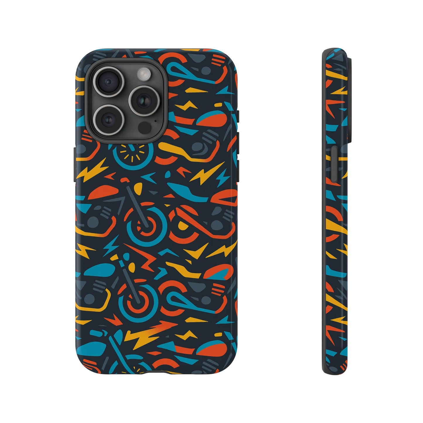 multicolour 3d wrap phone case with fun motorcycle design, stylish protective accessory for men and women, compatible with iphone 13, 14, 15 & 16 – all models including pro, pro max & plus