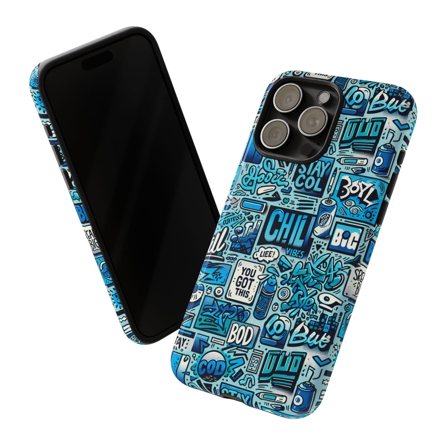 vibrant retro graffiti phone case in blue for men and women stylish protection accessory compatible with iphone 13, 14, 15 & 16 – all models including pro, pro max & plus
