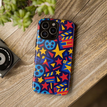 Vibrant Movie Theme Protective Phone Case with 3D Wrap Design – Colourful Stars and Film Reels – Stylish Protection Compatible with iPhone 13, 14, 15 & 16 – All Models Including Pro, Pro Max & Plus