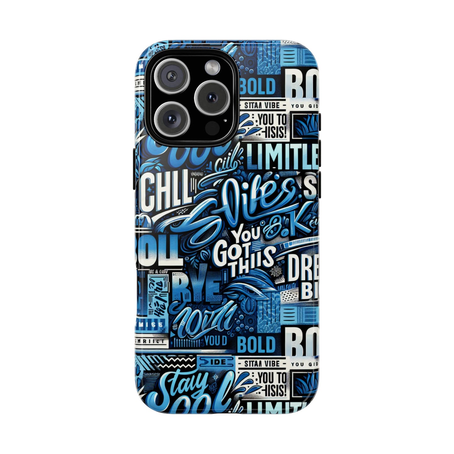 vibrant protective phone case with playful typography design in blue – stylish self-expression accessory compatible with iphone 13, 14, 15 & 16 – all models including pro, pro max & plus