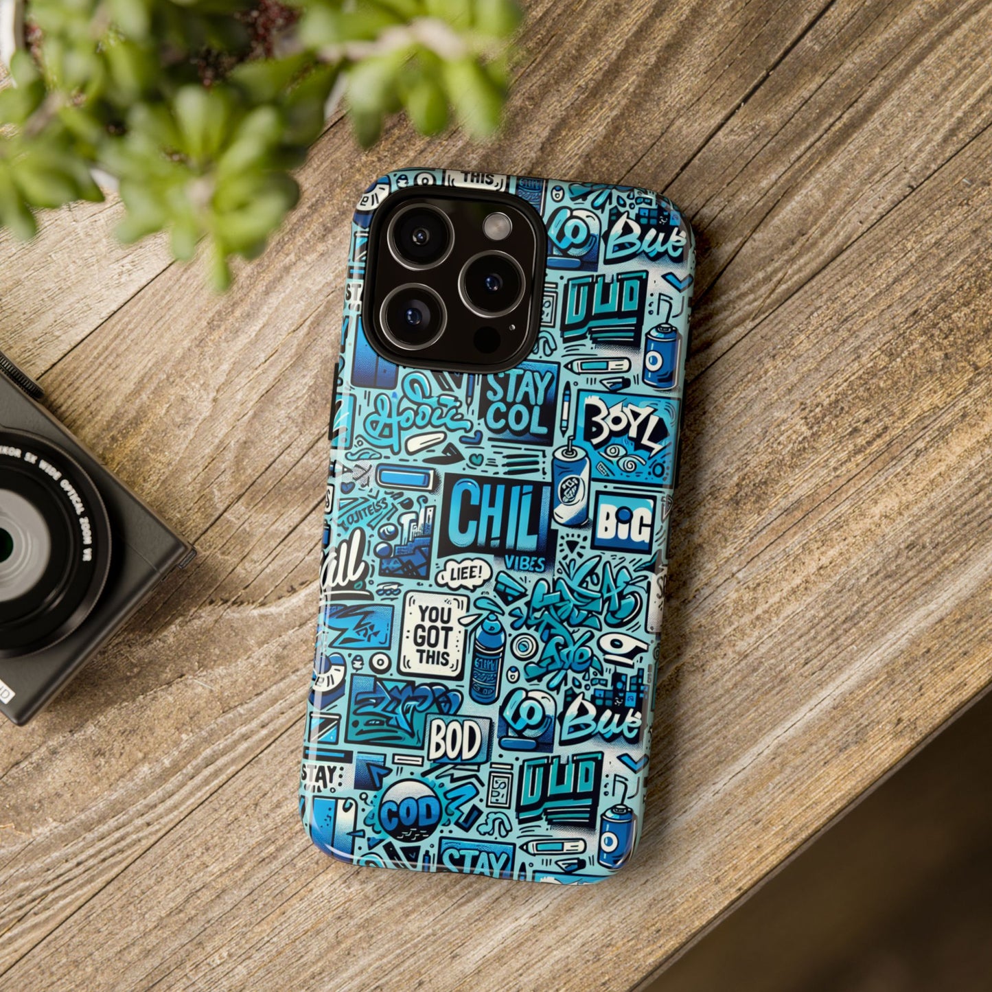 vibrant retro graffiti phone case in blue for men and women stylish protection accessory compatible with iphone 13, 14, 15 & 16 – all models including pro, pro max & plus