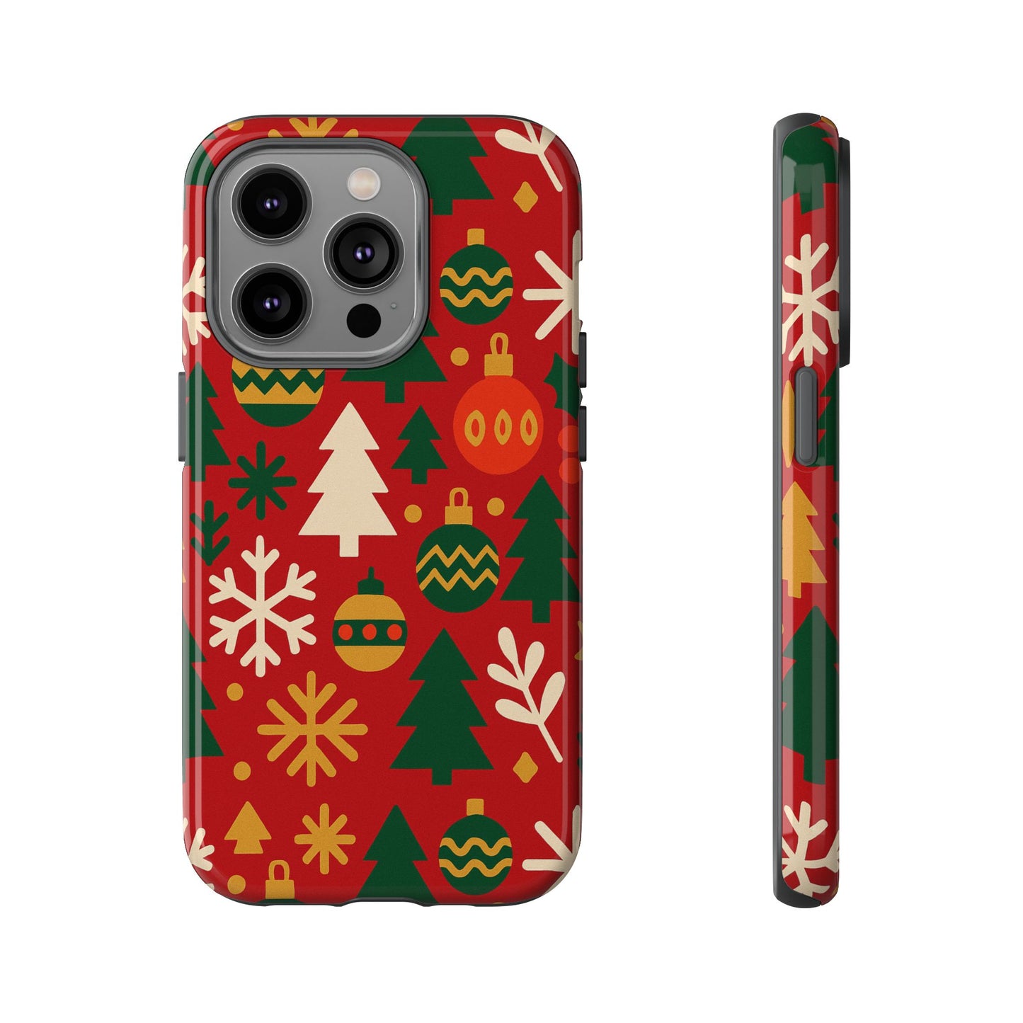 vibrant red 3d wrap protective phone case with christmas tree and ornament design for stylish protection compatible with iphone 13, 14, 15 & 16 – all models including pro, pro max & plus