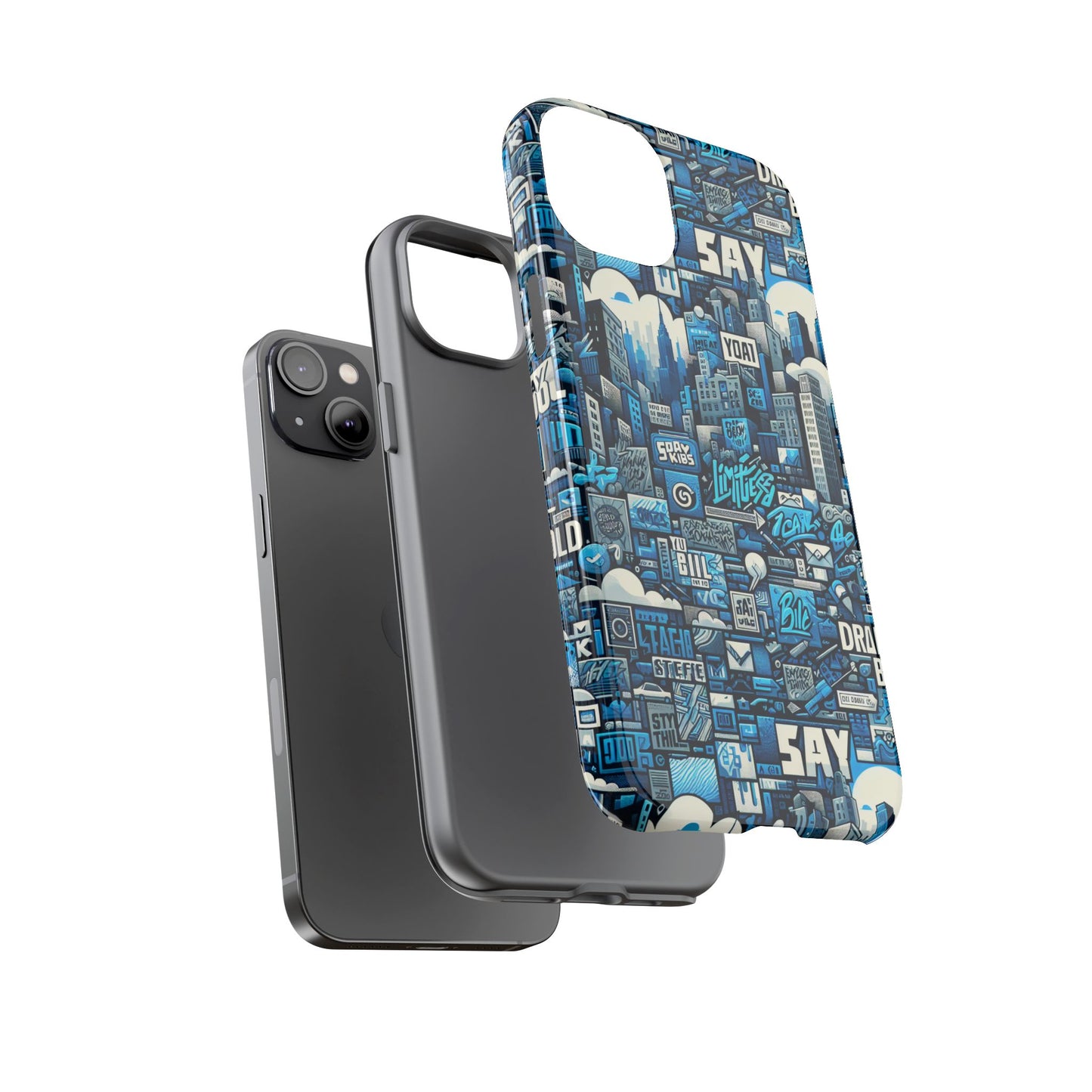 protective phone case with 3d urban design in blue for stylish protection – trendy accessory compatible with iphone 13, 14, 15 & 16 – all models including pro, pro max & plus