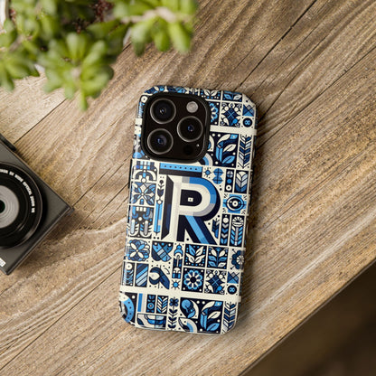 Blue Alphabet R Phone Case with 3D Wrap and Shock Absorption for Kids and Teenagers