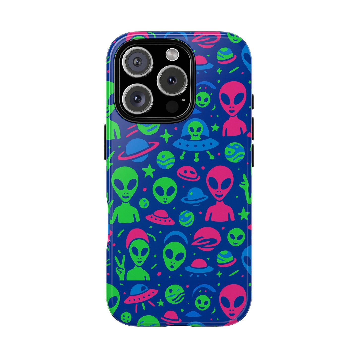 vibrant multicolour alien 3d wrap phone case in retro anime style for stylish protection compatible with iphone 13, 14, 15 & 16 – all models including pro, pro max & plus