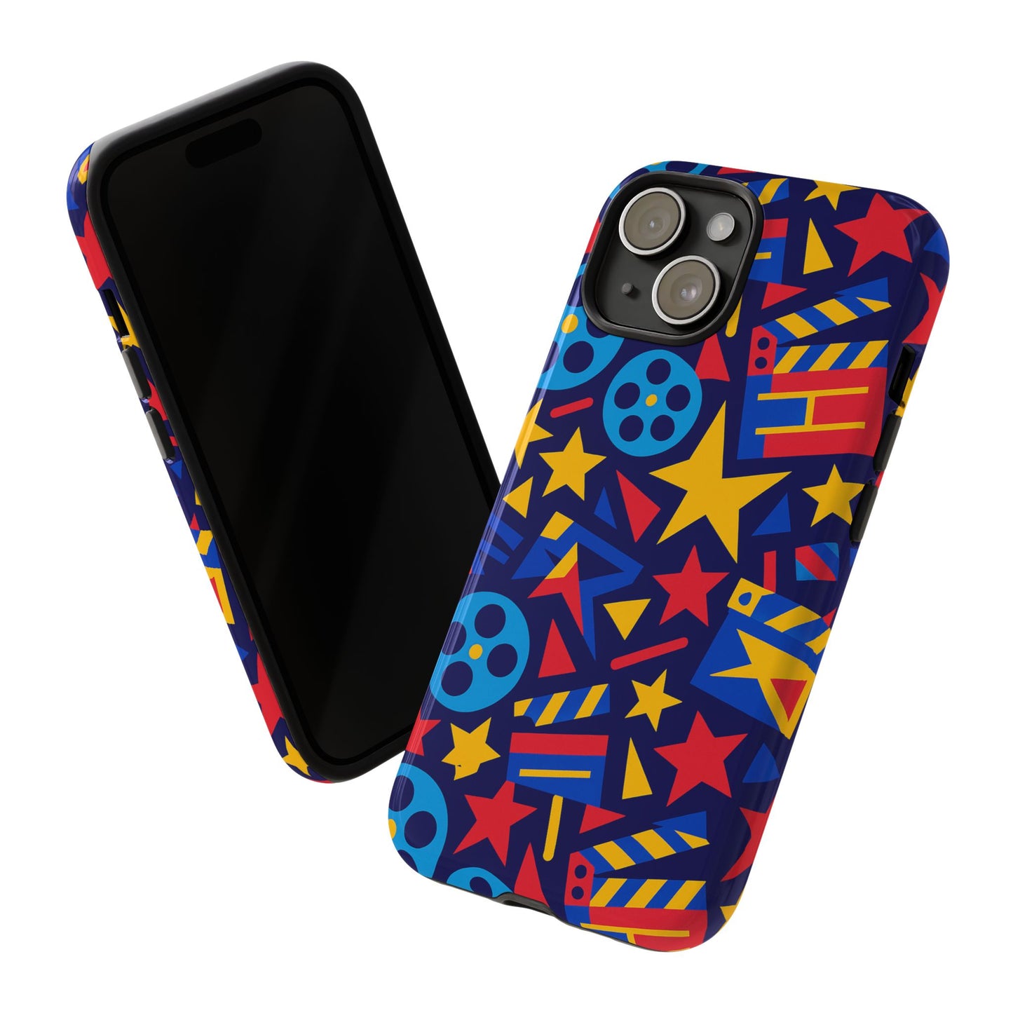 vibrant movie theme protective phone case with 3d wrap design – colourful stars and film reels – stylish protection compatible with iphone 13, 14, 15 & 16 – all models including pro, pro max & plus