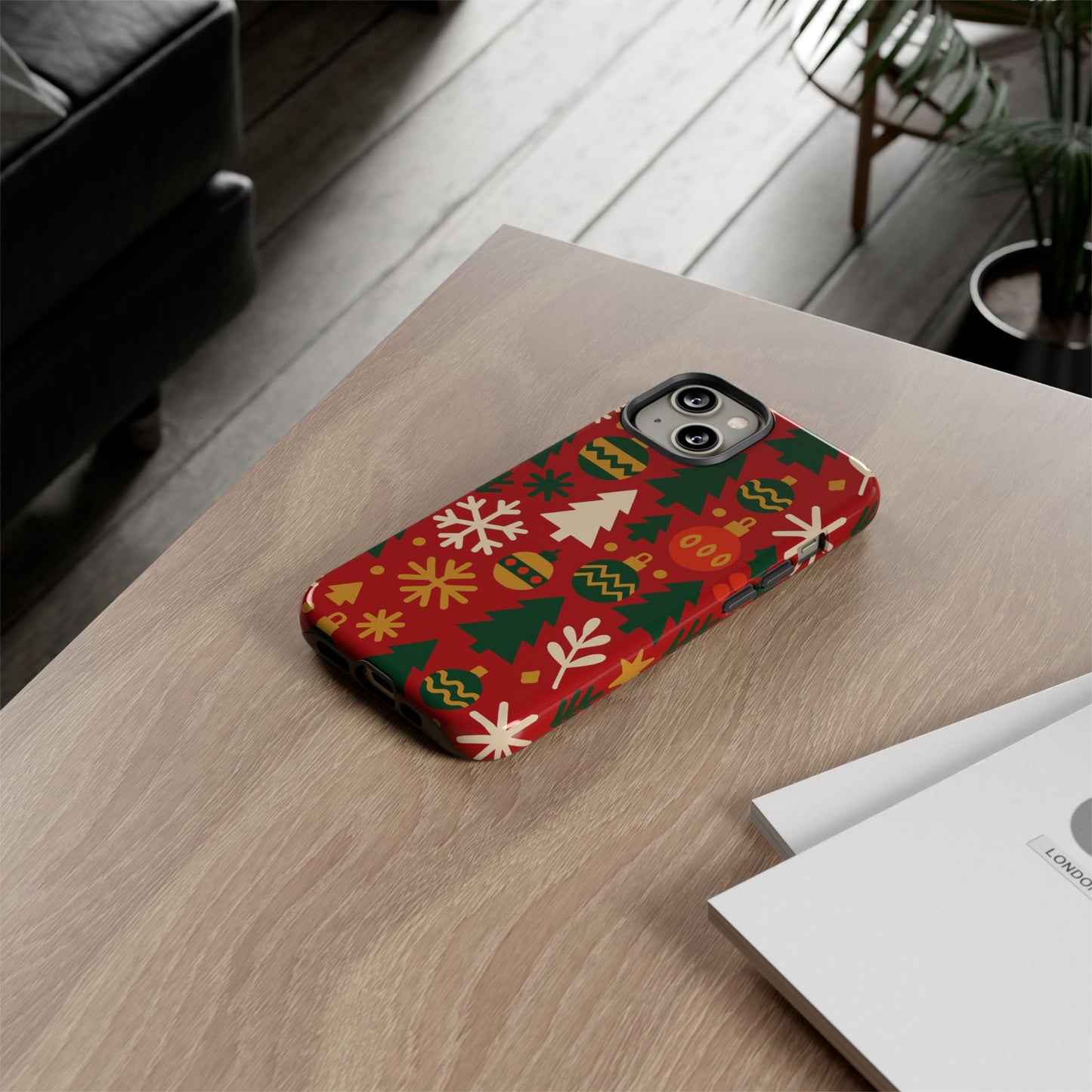 vibrant red 3d wrap protective phone case with christmas tree and ornament design for stylish protection compatible with iphone 13, 14, 15 & 16 – all models including pro, pro max & plus