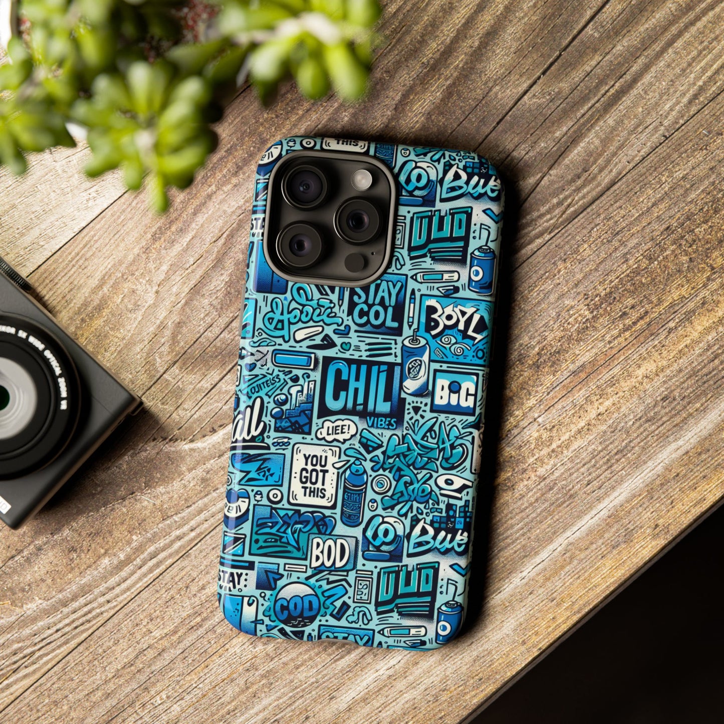 vibrant retro graffiti phone case in blue for men and women stylish protection accessory compatible with iphone 13, 14, 15 & 16 – all models including pro, pro max & plus