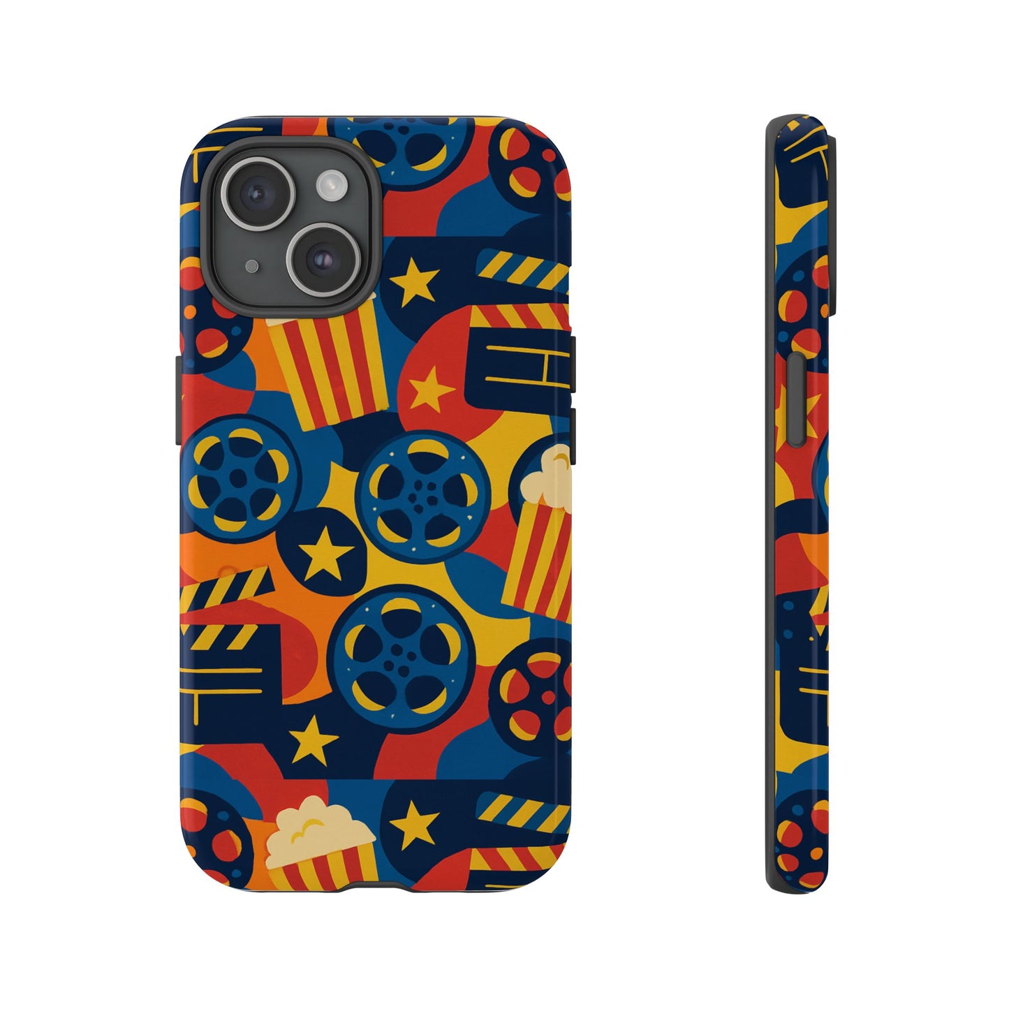 vibrant movie-themed protective phone case with colourful film reel and popcorn design for stylish protection compatible with iphone 13, 14, 15 & 16 – all models including pro, pro max & plus