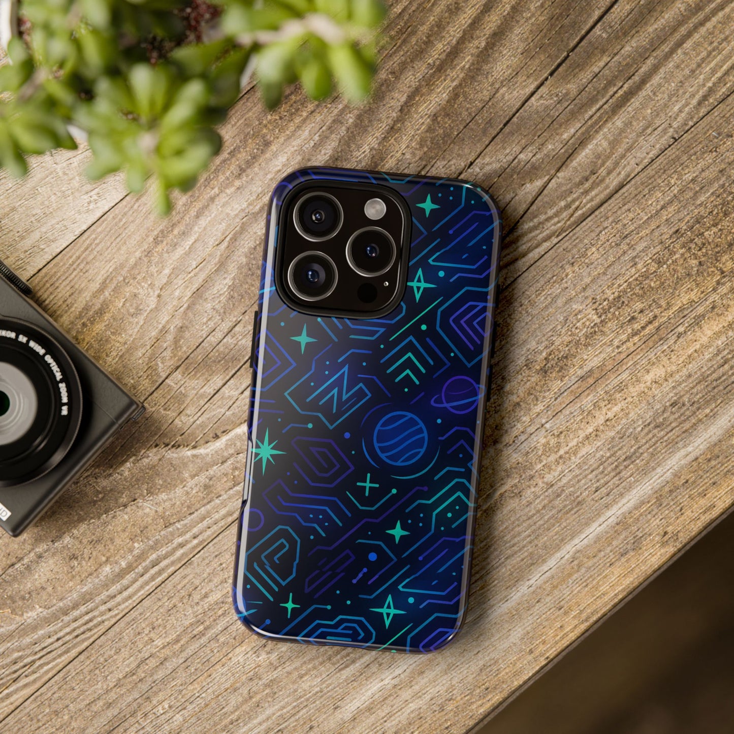 vibrant space design protective phone case in blue and green 3d wrap for stylish protection compatible with iphone 13, 14, 15 & 16 – all models including pro, pro max & plus