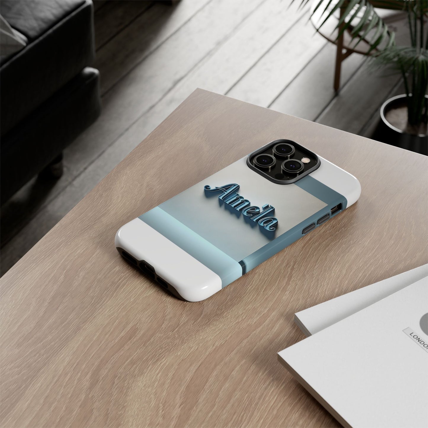 sleek 3d glossy phone case in blue with elegant name design fashion accessory for personal expression compatible with iphone 13, 14, 15 & 16 – all models including pro, pro max & plus