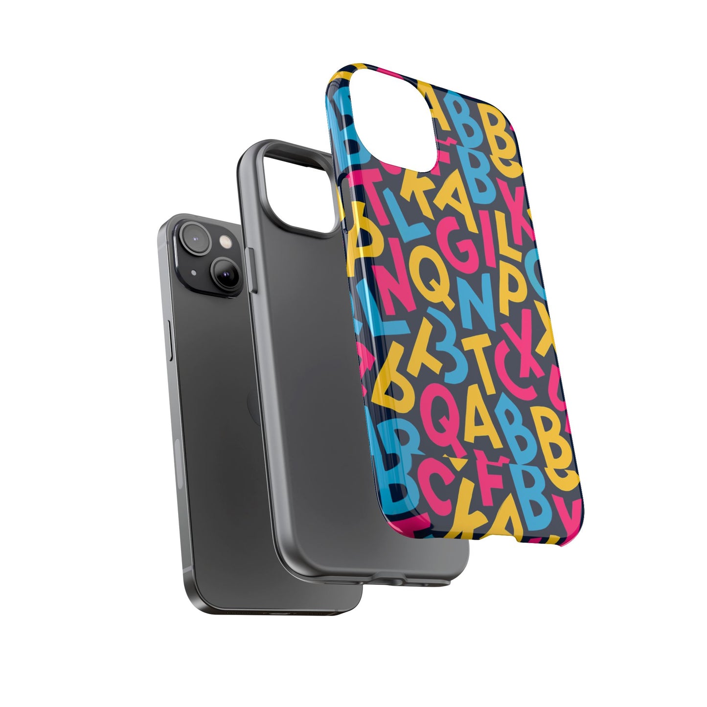 multicolour 3d wrap phone case with playful alphabet design – stylish protection for smartphones compatible with iphone 13, 14, 15 & 16 – all models including pro, pro max & plus