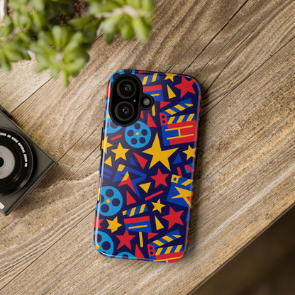 Vibrant Movie Theme Protective Phone Case with 3D Wrap Design – Colourful Stars and Film Reels – Stylish Protection Compatible with iPhone 13, 14, 15 & 16 – All Models Including Pro, Pro Max & Plus