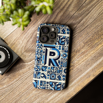 Blue Alphabet R Phone Case with 3D Wrap and Shock Absorption for Kids and Teenagers