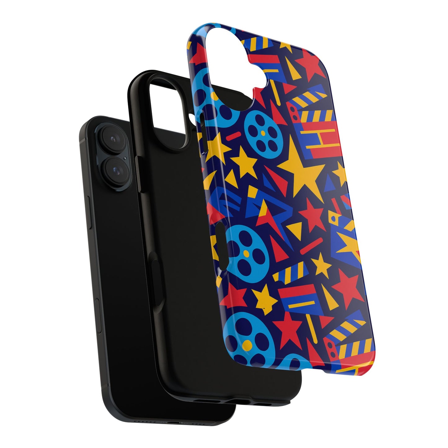 vibrant movie theme protective phone case with 3d wrap design – colourful stars and film reels – stylish protection compatible with iphone 13, 14, 15 & 16 – all models including pro, pro max & plus
