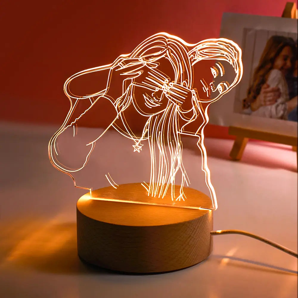 custom acrylic 3d photo lamp led night lights with wood base, unique desktop decoration, warm light for home, ideal gift for friends and family