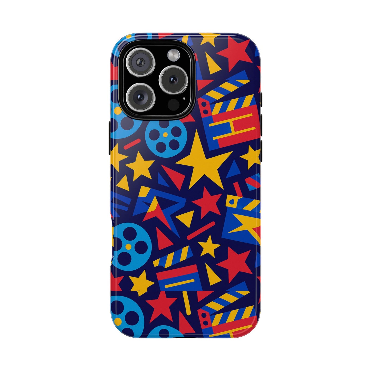 vibrant movie theme protective phone case with 3d wrap design – colourful stars and film reels – stylish protection compatible with iphone 13, 14, 15 & 16 – all models including pro, pro max & plus
