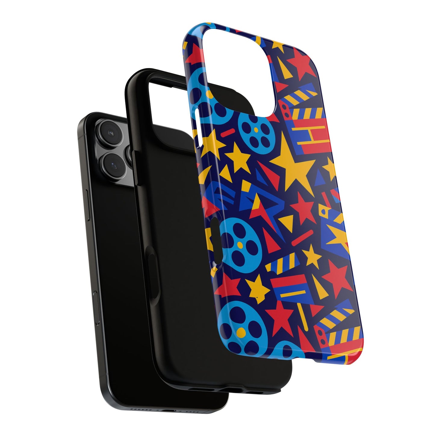 vibrant movie theme protective phone case with 3d wrap design – colourful stars and film reels – stylish protection compatible with iphone 13, 14, 15 & 16 – all models including pro, pro max & plus