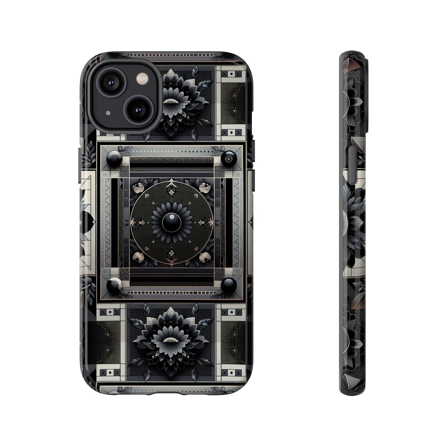 pattern image 4 vibrant shockproof phone case for anime and comic fans, geometric black and silver design, durable protective cover compatible with iphone 13, 14, 15 & 16 – all models including pro, pro max & plus