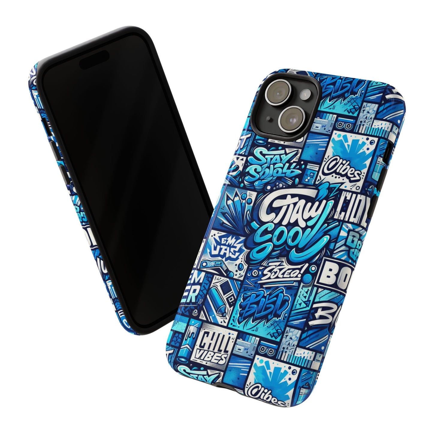 vibrant 3d graphic phone case in blue with playful design for stylish protection compatible with iphone 13, 14, 15 & 16 – all models including pro, pro max & plus