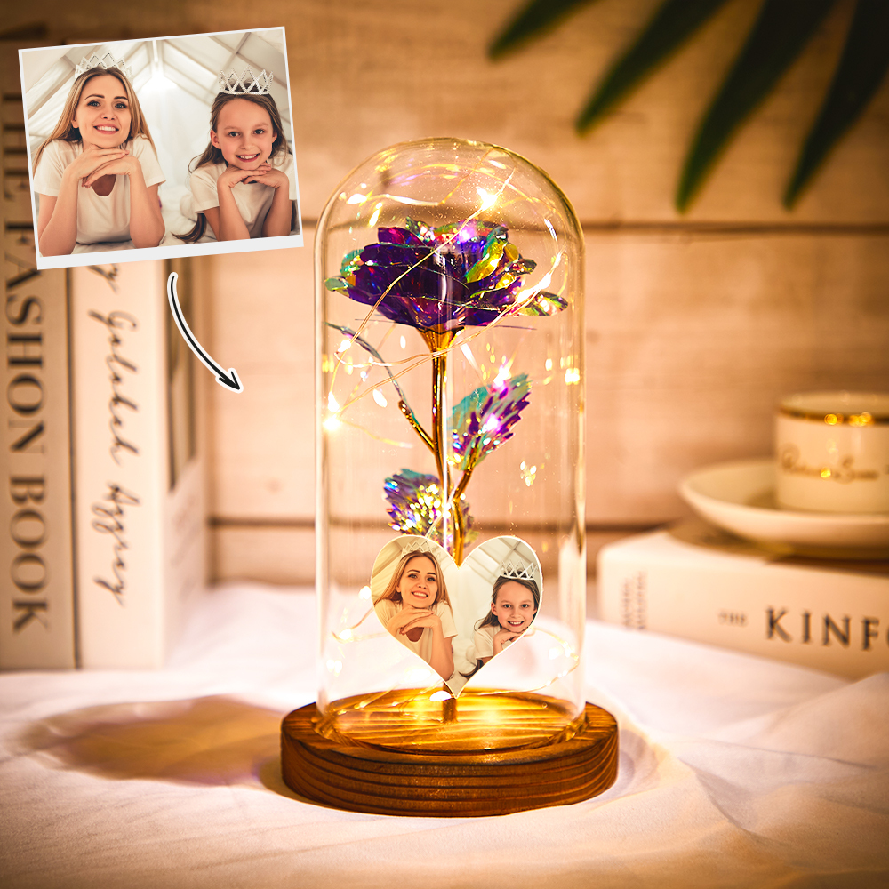 custom heart-shaped photo colourful simulation eternal rose flower led night light in glass dome - romantic gift for home decor, valentine's day, mother's day